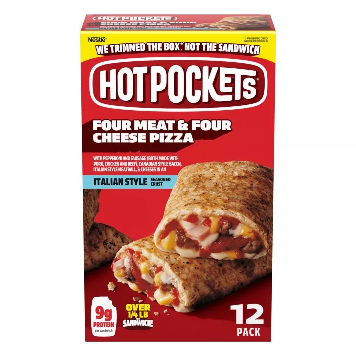 Front Center view of Hot Pocket Four Meat Four Cheese 12pk Frozen Sandwiches NET WT 51 oz (3 lb 3 oz) 1.44 kg product.