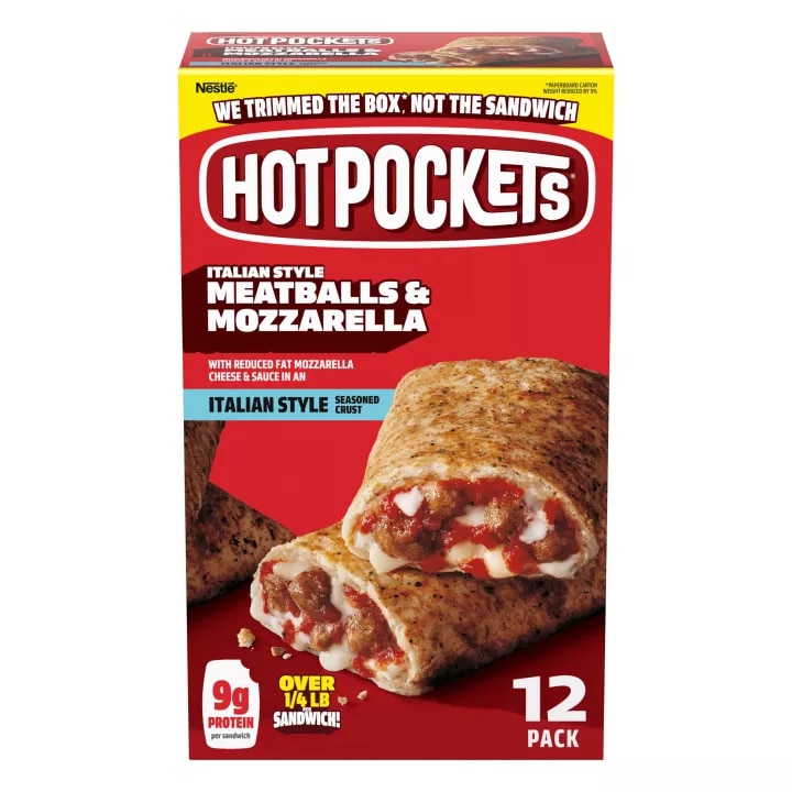 Vista frontal caja 12 sándwiches congelados Italian Style Meatballs & Mozzarella HOT POCKETS. PESO NETO 54oz (3lb 6oz) 1.53kg
