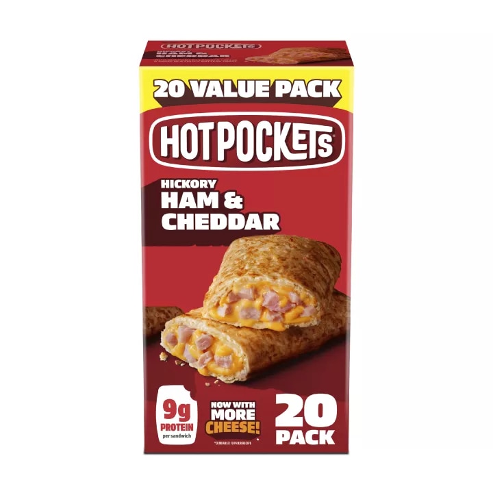 Caja de Hickory Ham & Cheddar Hot Pockets® con letreros de Paquete económico de 20 y Pruébalos en la freidora de aire.