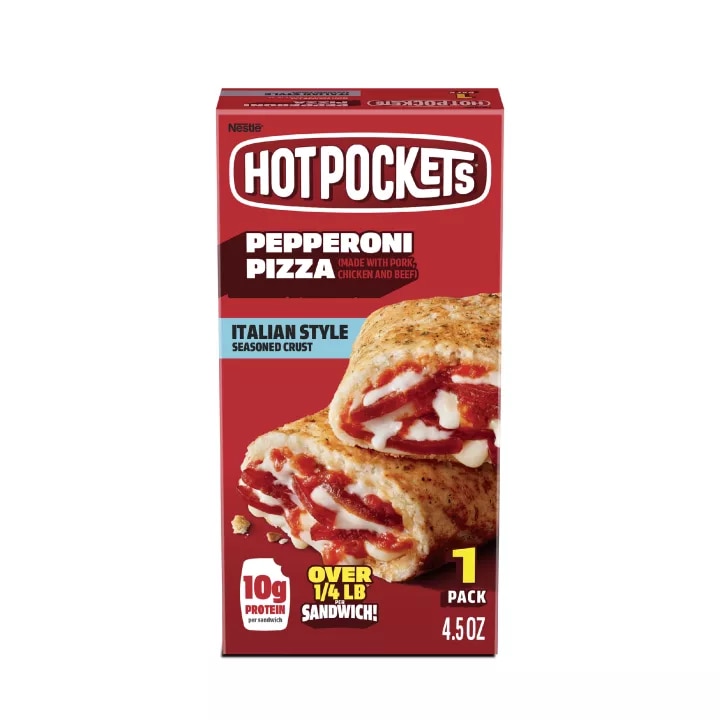 Front Center view of Hot Pockets Pepperoni Pizza Italian Style Seasoned Crust 1PK Frozen Sandwich 4.5oz NET WT 4.5 oz (127g) product.