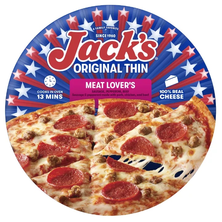 Front Center view of Jack's Original Thin Meat Lovers Frozen Pizza 14.4 oz Box NET WT 14.4 oz (409g) product.