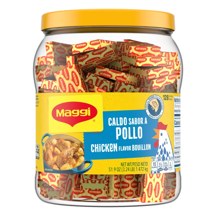 Vista frontal centrada de envase de tabletas de caldo sabor pollo Maggi con PESO NETO 51.9 oz (3.24 lb) 1.472 kg.