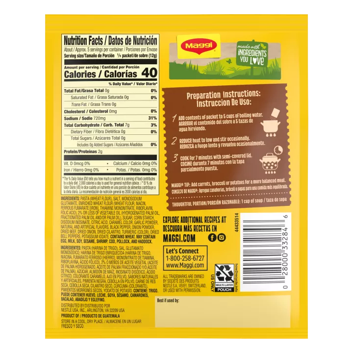 Left angle view of packaging for MAGGI Criolla Beef Noodle Soup mix with a red label beside a stack of garlic, tomato, and celery with a green field above and a big orange bowl filled with beef, corn cob, noodle, and celery.