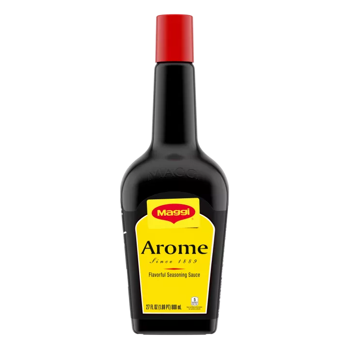 Foto con vista del frente de un envase de Sazonador Arôme MAGGI de 800 ml con una etiqueta amarilla brillante que lee Arôme.