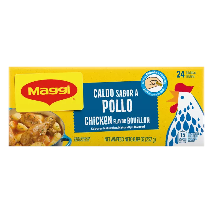 Paquete de caldo de pollo MAGGI de 24 tabletas con un dibujo de un pollo y cartel que lee tabletas blandas para disolver.