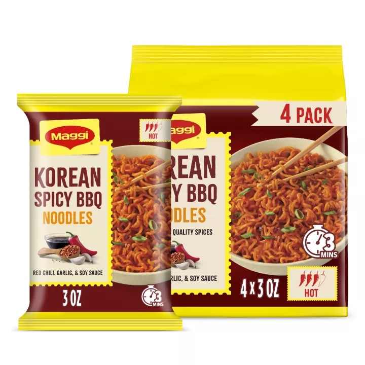 Front Center view of Maggi Korean Spicy BBQ Noodles 4 pack product.
