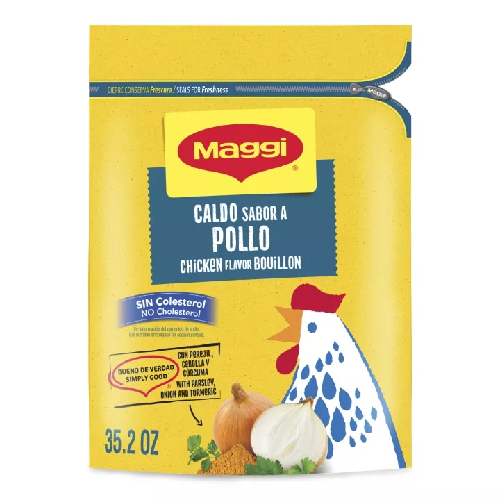 Bolsa doypack de caldo de pollo granulado con etiqueta amarilla, un pollo ilustrado que lee cierre hermético para frescura.