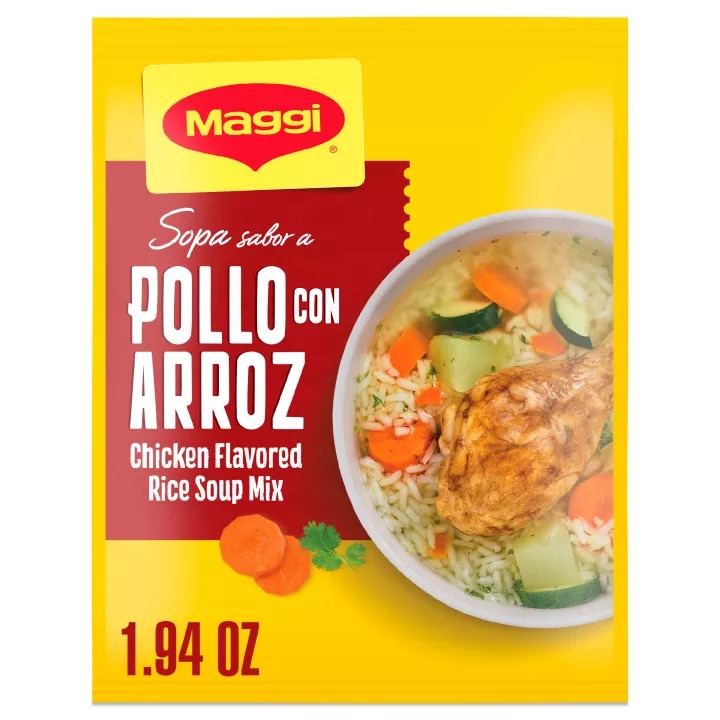 Front Center view of MAGGI Chicken Flavor Rice Soup Mix 1.94 oz Packet NET WT 1.94 OZ (55 g) product.