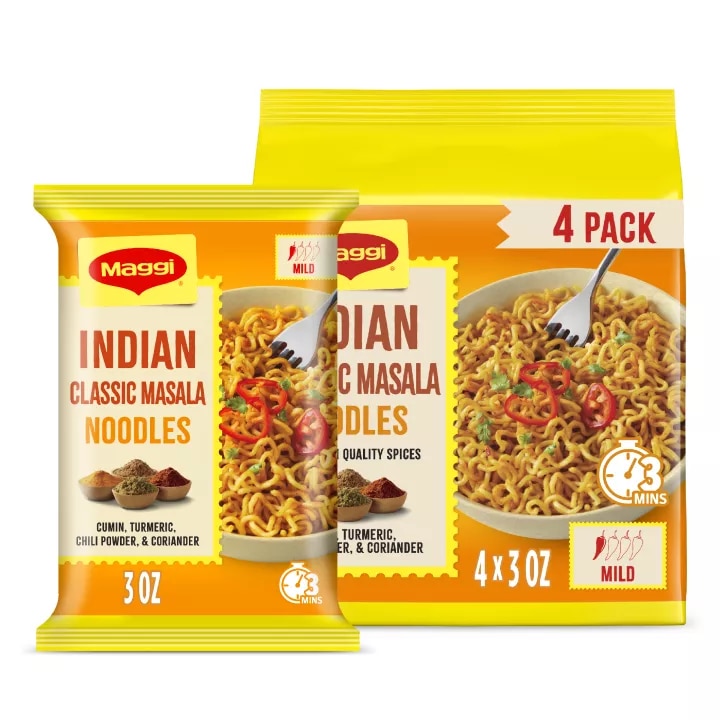 Front Center view of Maggi Indian Classic Masala Noodles 4 pack product.