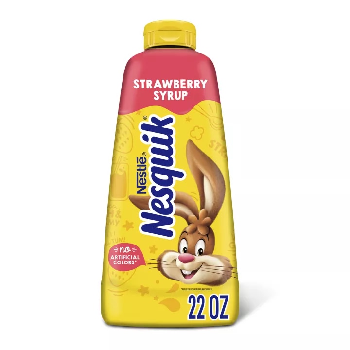 Front Center view of NESTLE NESQUIK Strawberry Flavored Syrup 22 oz. Plastic Bottle NET WT 22 OZ (1 LB 6 OZ / 623.6 g) product.