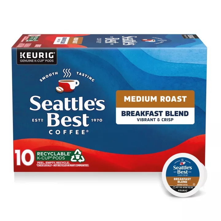 Front Center view of SEATTLE'S BEST COFFEE Breakfast Blend Ground Coffee K-Cup Pods 10 Count 3.5oz Box product.