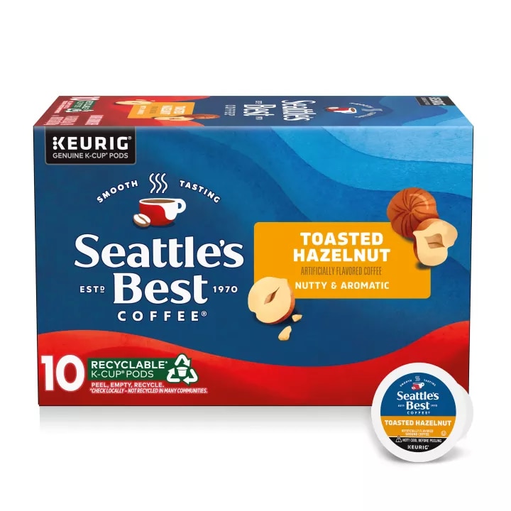 Front Center view of SEATTLE'S BEST COFFEE Hazelnut Ground Coffee K-Cup Pods 10 Count 3.6oz Box product.