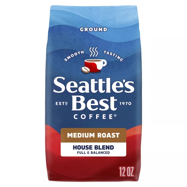 Front Center view of SEATTLE'S BEST COFFEE House Blend Ground Coffee 12oz Bag NET WT 12 OZ (340 g) product.