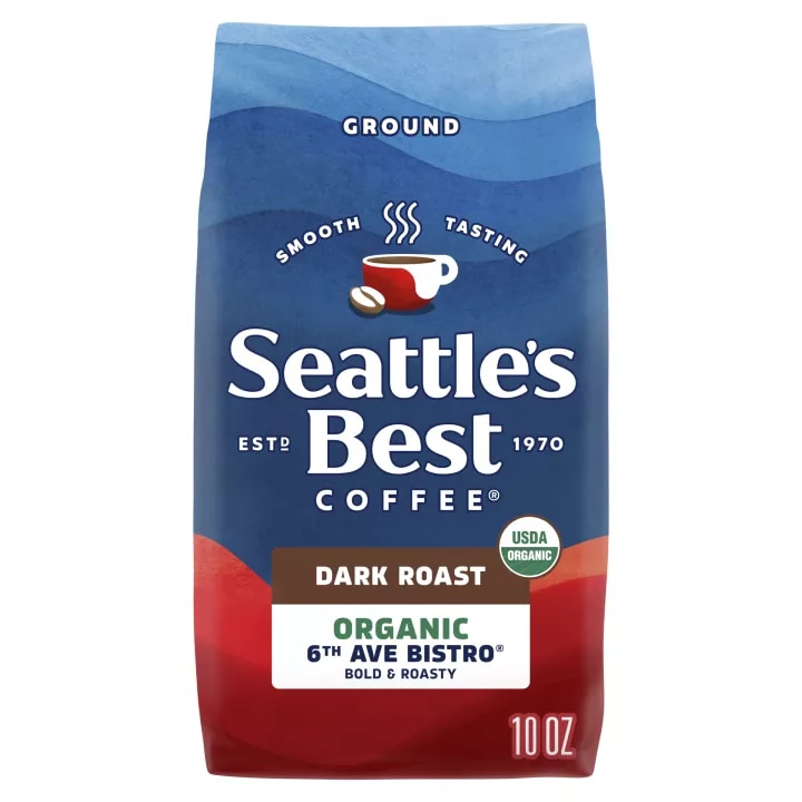 Front Center view of SEATTLE'S BEST COFFEE 6th Ave Bistro Organic Ground Coffee 10oz Bag NET WT 10 OZ (283 g) product.