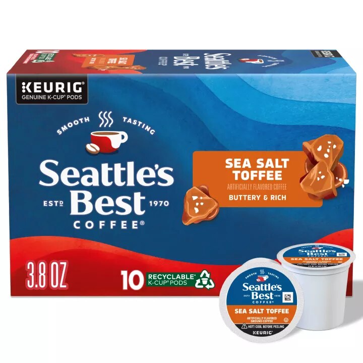 Front Center view of SEATTLE'S BEST COFFEE Sea Salt Toffee Flavored Ground Coffee KCup Pods 10 Count 3.8oz Box product.