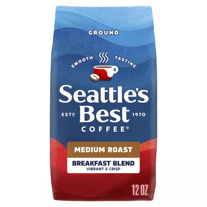 Front Center view of SEATTLE'S BEST COFFEE Breakfast Blend Ground Coffee 12oz Bag NET WT 12 OZ (340 g) product.
