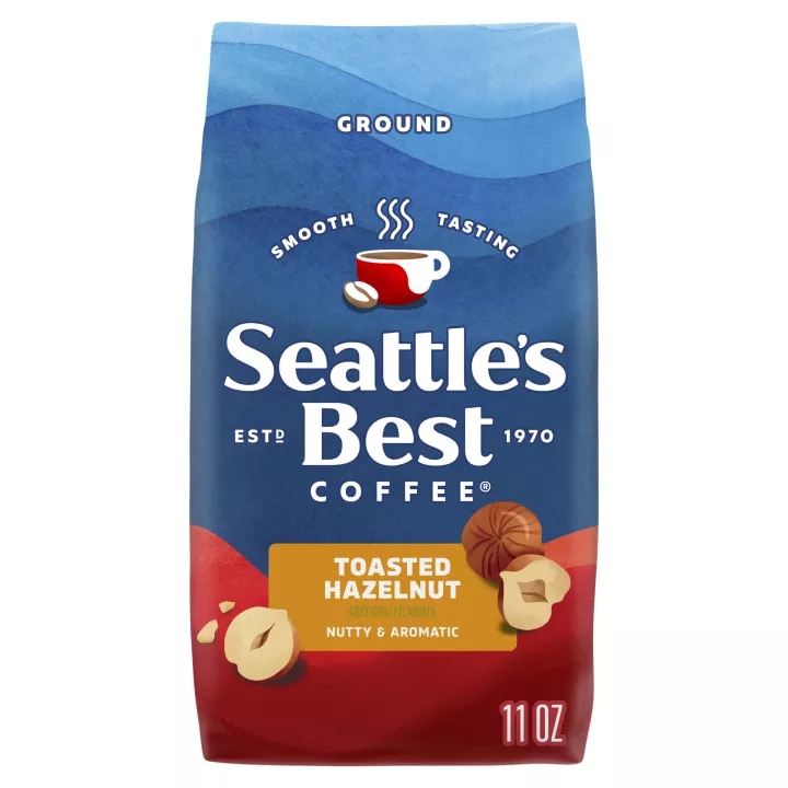 Front Center view of SEATTLE'S BEST COFFEE Hazelnut Flavored Ground Coffee 11oz Bag NET WT 11 OZ (312 g) product.