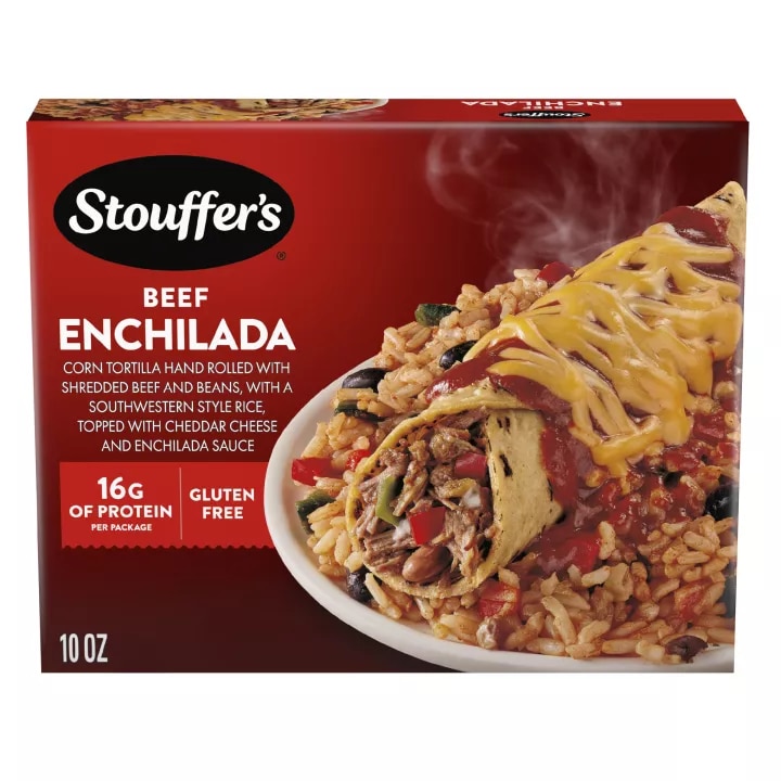 Vista frontal centrada de caja de comida congelada Beef Enchilada de STOUFFER'S de 10oz. PESO NETO 10oz (283g).