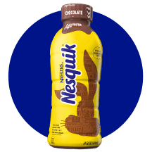 A bottle of NESQUIK lowfat chocolate milk on a blue circle.