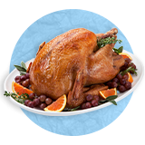 Close up of an oven roasted turkey on a white serving plate, on a blue background.