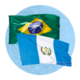 Brazilian and Argentinian flag waving in the wind on a blue background.
