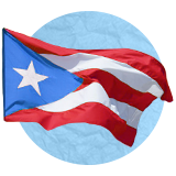 Puerto Rican flag waving in the wind on a blue background.