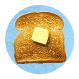Close up of a toasted slice of white bread with a square of spreadable butter on it, on a blue background.