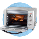 A counter top convection oven with a spinning rotisserie chicken inside, on a blue background.