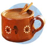 A brown ceramic mug filled with atole and cinnamon sticks on a light green circle.