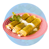 Three enchiladas with sour cream on a pink plate.