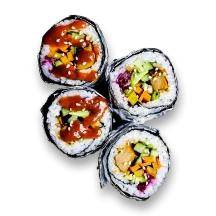 Two vegan teriyaki sushi rolls cut in half showing rice, seitan, peppers, and carrots wrapped in seaweed with sauce.