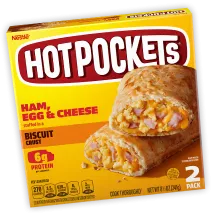 Applewood Bacon, Egg, and Cheese Hot Pockets featuring the Hot Pockets logo above a croissant crust hot pocket cut in half