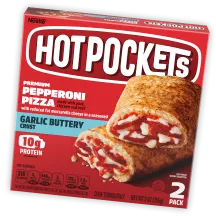 A red box of Premium Pepperoni Pizza Hot Pockets featuring the Hot Pockets logo above a pepperoni hot pocket cut in half.
