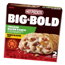 Big & Bold Chicken, Bacon, Ranch Hot Pockets featuring the Hot Pockets logo, the Big & Bold label, Hot Pocket cut in half.