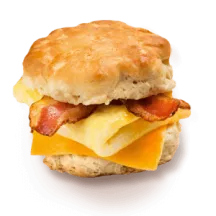  Close up of a plant-based bacon, egg, and cheese biscuit breakfast sandwich.