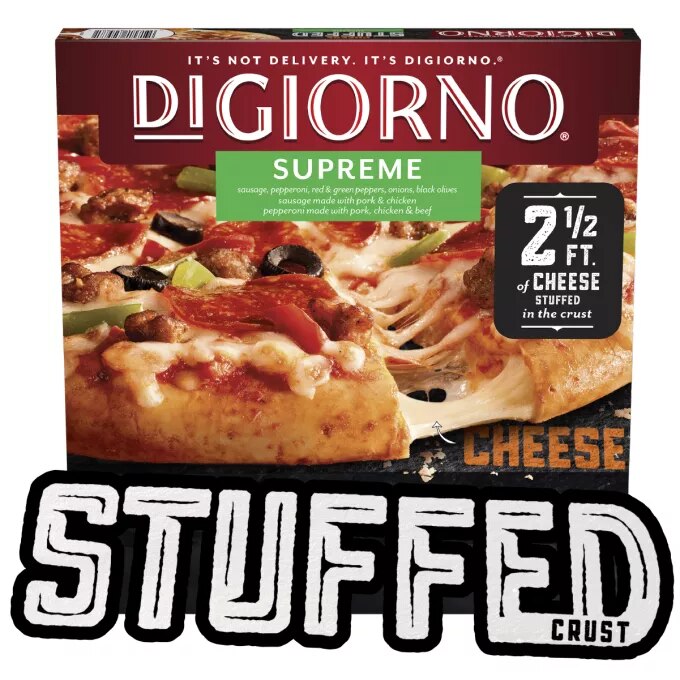 Box of DiGiorno Stuffed Crust Supreme Pizza with cheese stretching from pizza crust and Stuffed Crust labels.