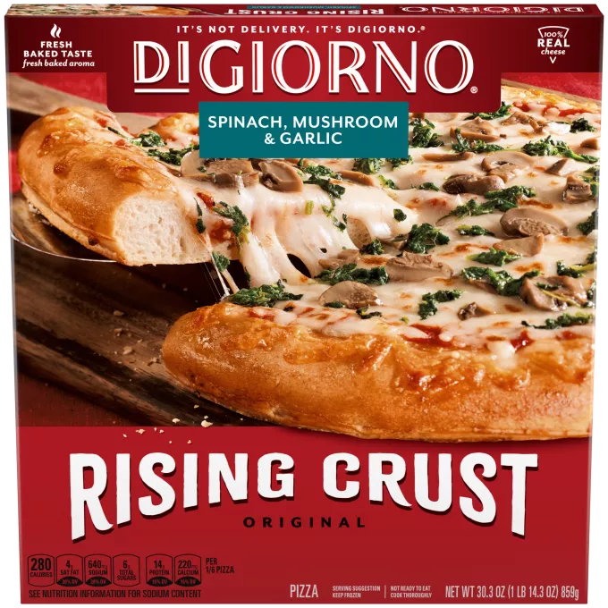 Box of DiGiorno Rising Crust Spinach, Mushroom & Garlic pizza with pizza on a cutting board and the Rising Crust logo.