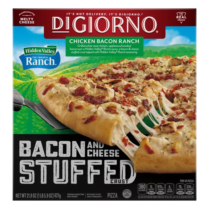Front Center view of DiGiorno Hidden Valley Ranch Stuffed Crust Chicken Bacon Ranch 12inch Frozen Pizza 21.9oz product.