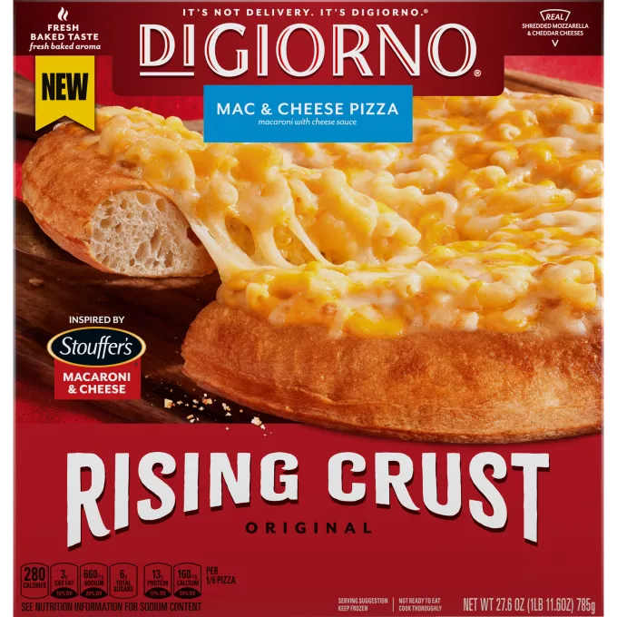 A box of DiGiorno Rising Crust mac & cheese pizza with a blue label and "Inspired by STOUFFER'S" label near a sliced pizza.