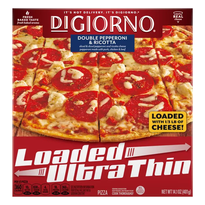Front Center view of DiGiorno Loaded Ultra Thin Double Pepperoni and Cheese 11in Frozen Pizza 14.1oz NET WT 14.1 oz (401 g) product.