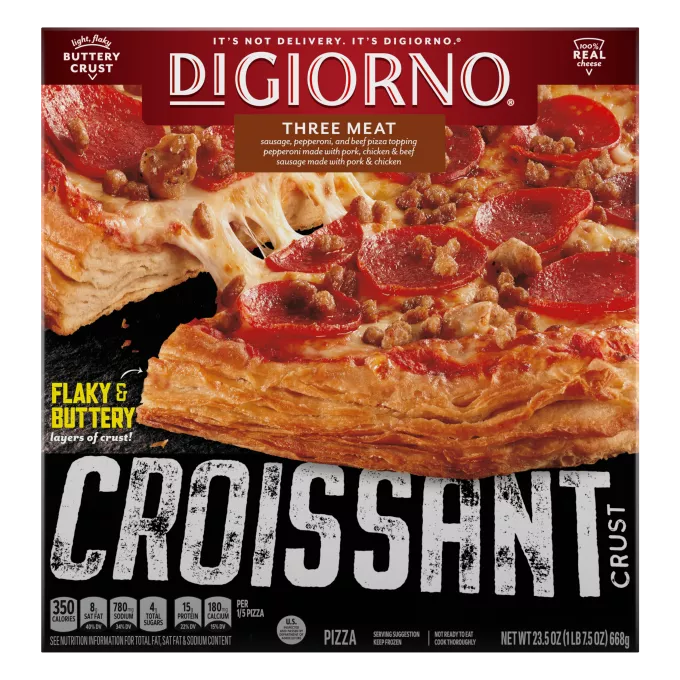 Box of DiGiorno Croissant Crust Three Meat Pizza with BUTTERY layers of crust label and the Croissant Crust logo.