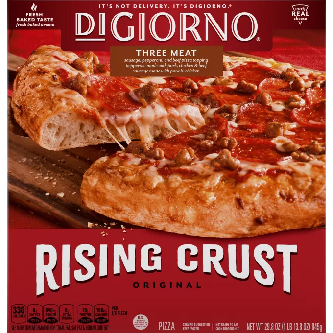 Box DiGiorno Rising Crust Three Meat with the product name, pizza with a metal serving spatula, and the Meatless Monday logo.