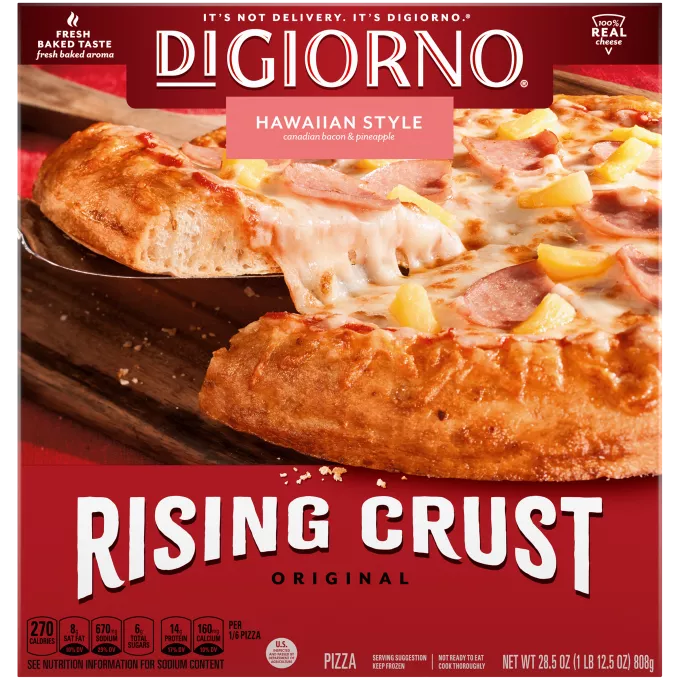Box of DiGiorno Rising Crust Hawaiian pizza with pizza on a cutting board and the Rising Crust logo.