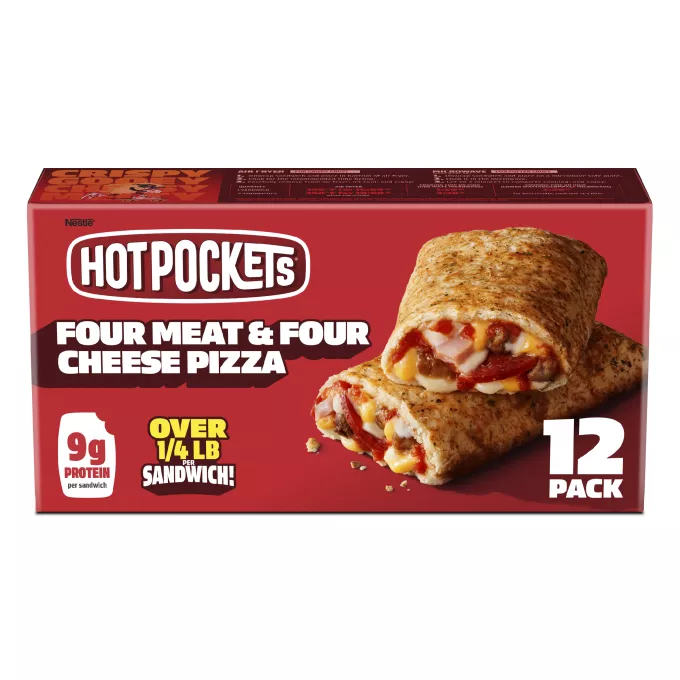 Vista frontal central de sándwiches congelados Hot Pockets Four Meat Four Cheese, paq. 12 PESO NETO 51oz (3 lb 3 oz) 1.44 kg.