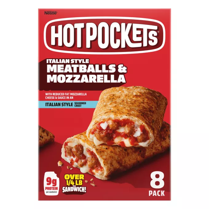 Caja de Italian Style Meatballs and Mozzarella Hot Pockets® que lee paquete de 8, 9g de proteína y ¼ LB por sándwich.
