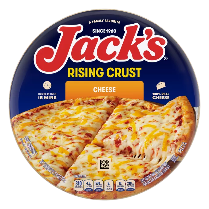 Un empaque de pizza con masa inflada con una etiqueta naranja, una espátula y una pizza, y el logotipo de Jack's sobre un fondo azul.