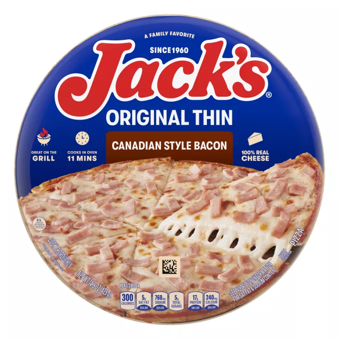 Un empaque de pizza con tocino estilo canadiense con una etiqueta marrón, una pizza y una espátula, y el logotipo de Jack's sobre un fondo azul.
