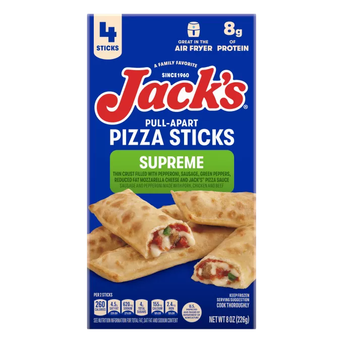 Paquete de Supreme Pull-Apart Pizza Sticks de Jack's que dice 4 palitos, para freidora de aire y 8 gramos de proteína.