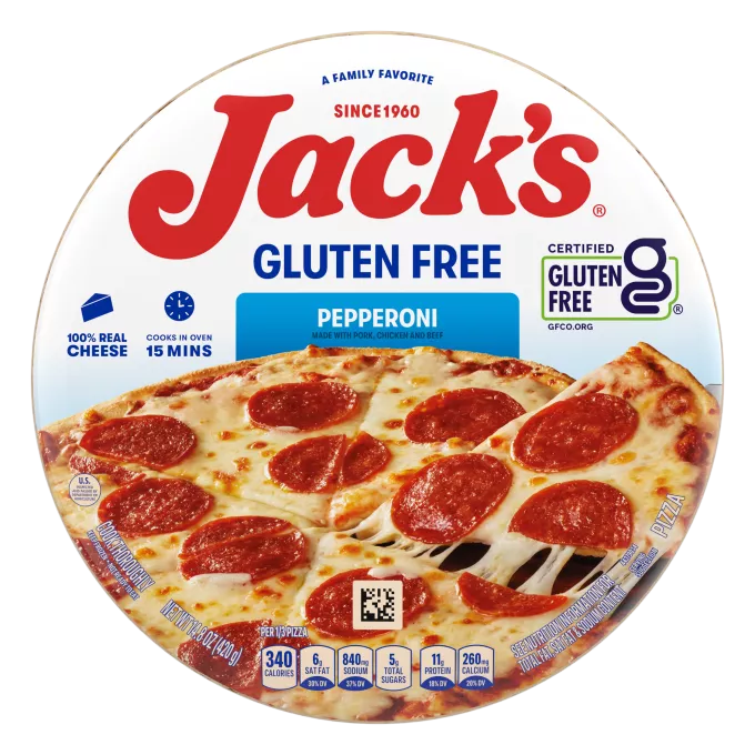 Imagen frontal centrada de una caja de pizza congelada Jack's de 12 in con pepperoni y masa sin gluten de 14.8 oz.