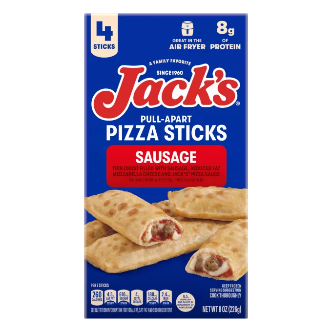 Paquete de Sausage Pull-Apart Pizza Sticks de Jack's que lee 4 palitos, para freidora de aire y 8 gramos de proteína. Salchicha hecha con cerdo, pollo y carne de res.